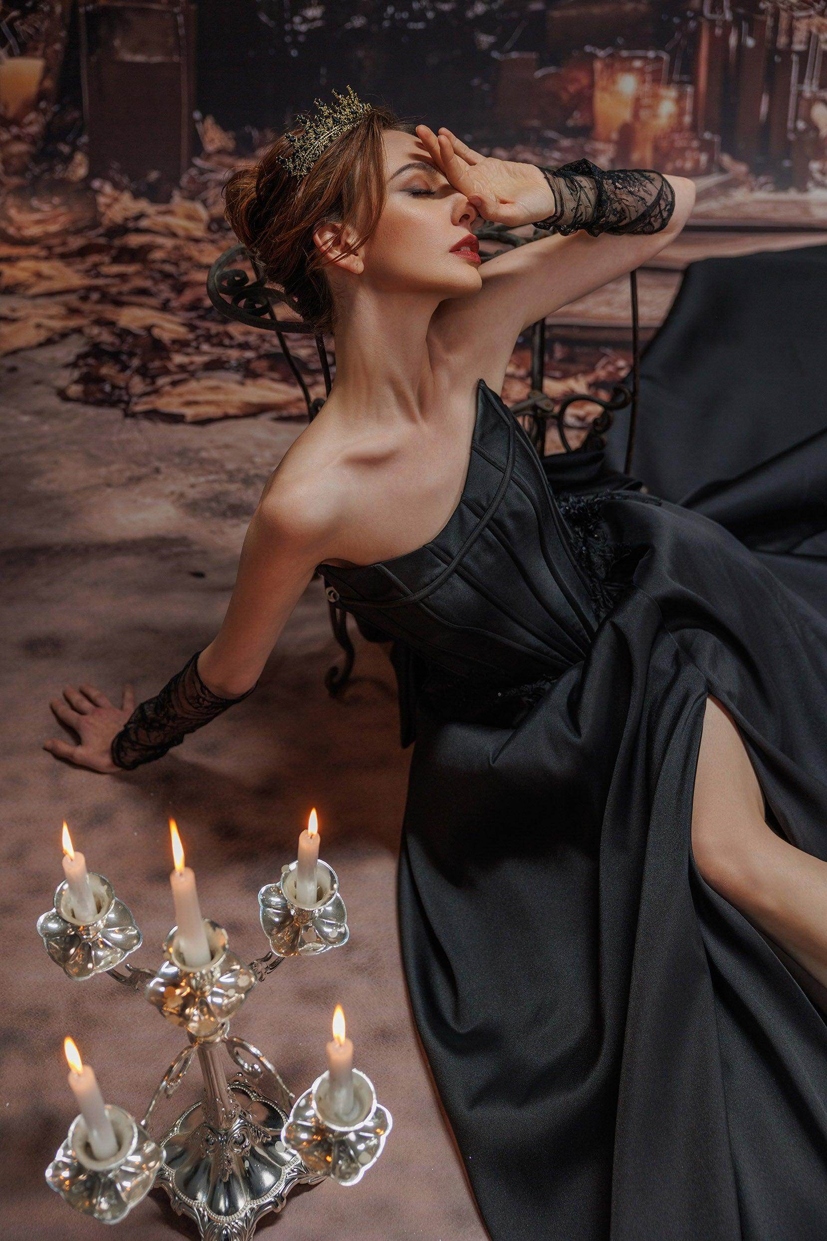 cocomelody black wedding dress Long Sleeve Black Wedding Dress with Sweetheart Neckline & Chapel Train COCOMELODY CW3353, 45 Days / Black / US8-UK10-EUR38
