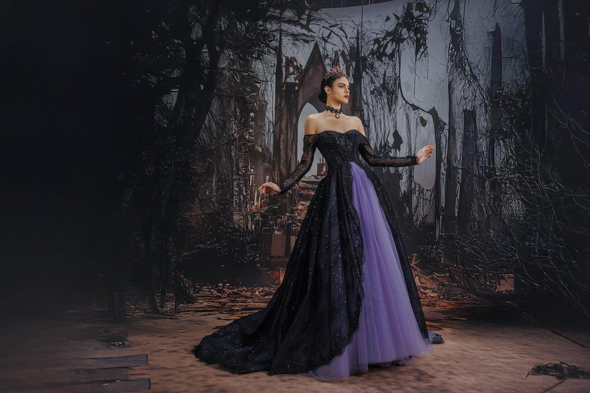 A-Line Chapel Train Sequined Lace Tulle Wedding Dress CW3351 - 45 Days / As Picture:Black/Purple / US0-UK2-EUR30 - COCOMELODY
