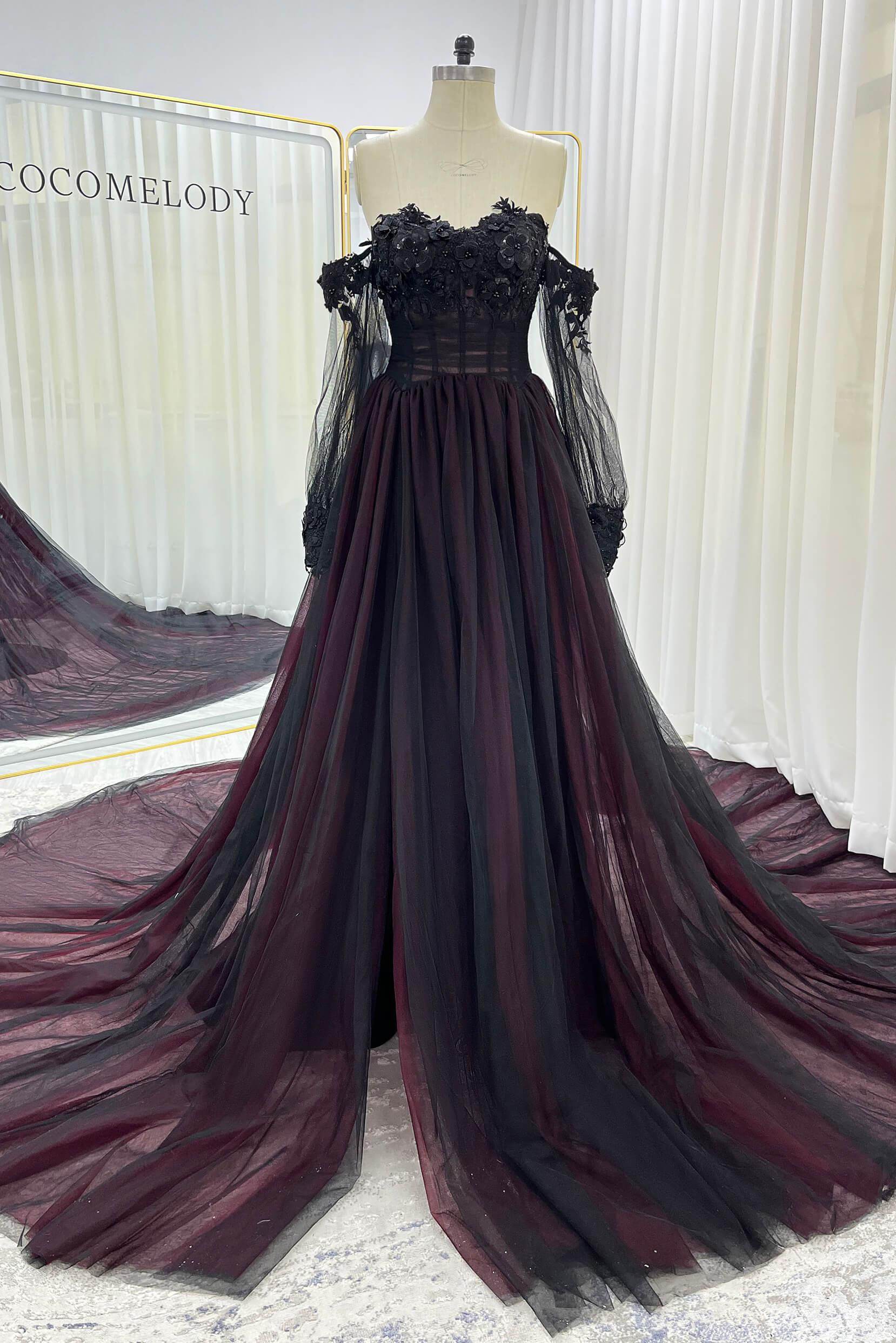 COCOMELODY Black Wedding Dress Sweetheart Neckline with Sleeves CW3353 COCOMELODY Black Wedding Dress Sweetheart Neckline with Sleeves CW3353