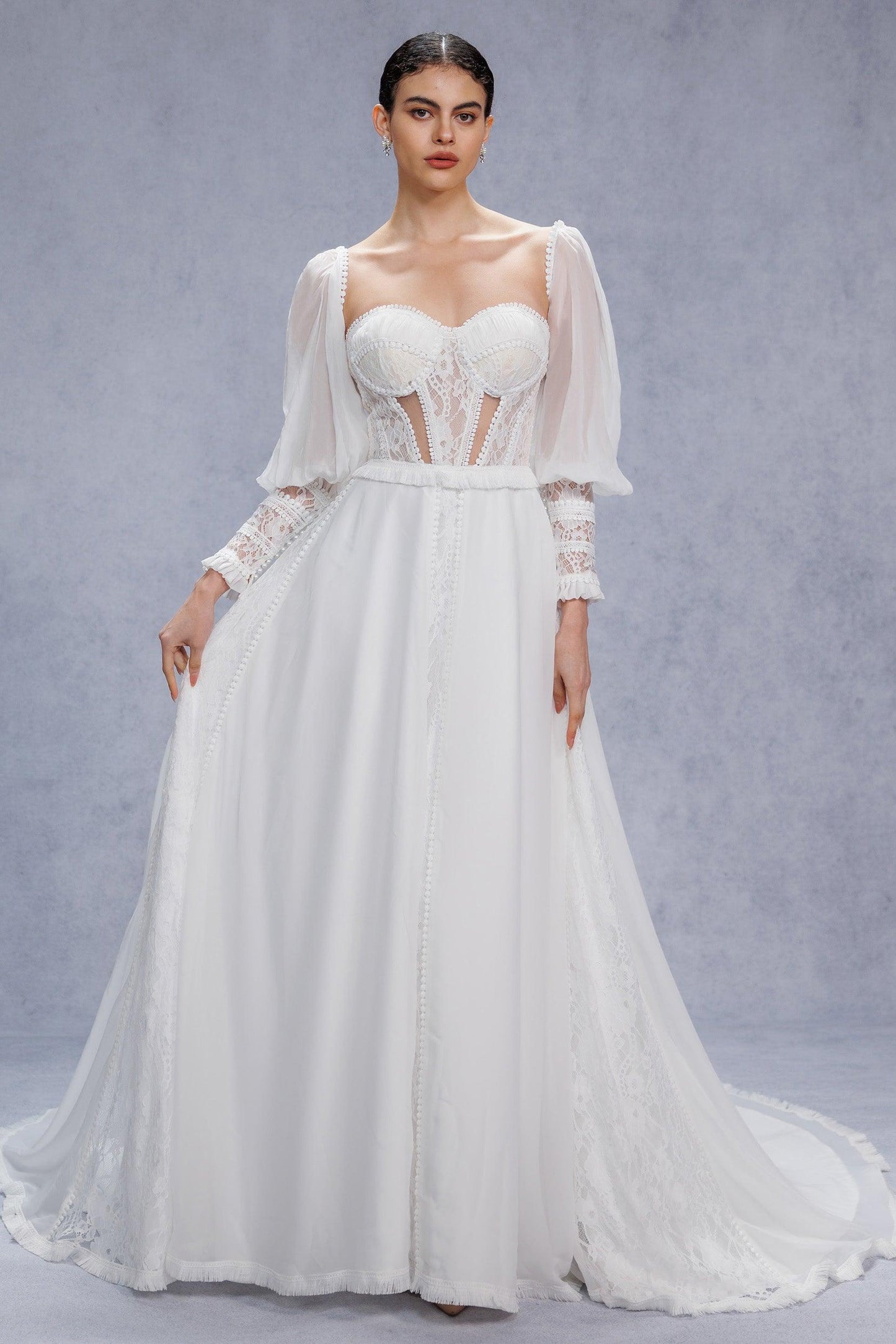 A-Line Court Train Chiffon Lace Wedding Dress CW3357 - COCOMELODY