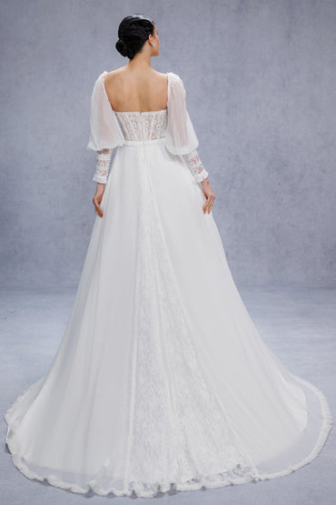 A-Line Court Train Chiffon Lace Wedding Dress CW3357 - COCOMELODY