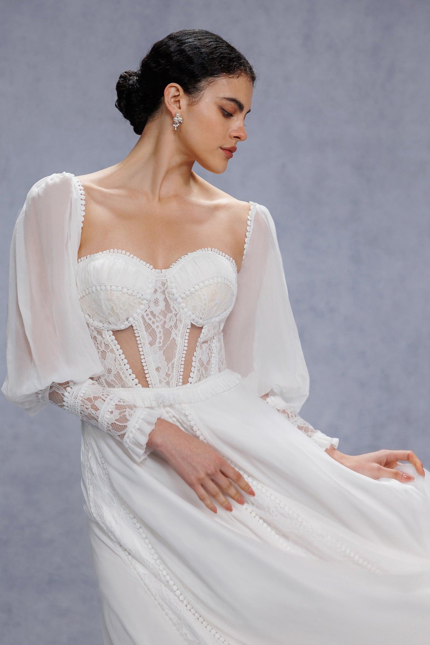 A-Line Court Train Chiffon Lace Wedding Dress CW3357 - COCOMELODY