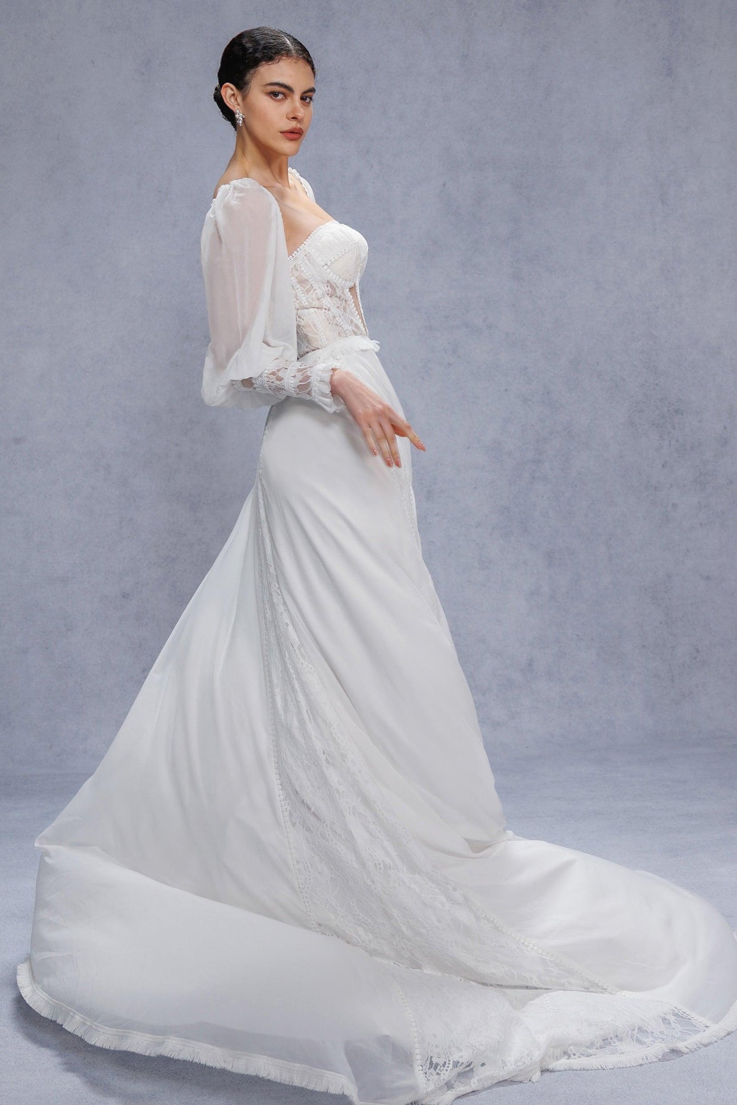 A-Line Court Train Chiffon Lace Wedding Dress CW3357 - COCOMELODY