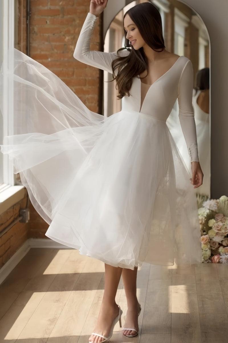 A-Line Wedding Dress with Tulle and Long Sleeves CW3374 - COCOMELODY