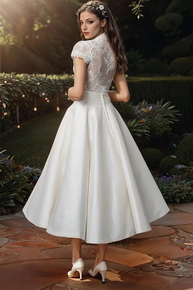 Appliqué Lace Satin Ankle-Length Little White Dress CW3377 - COCOMELODY