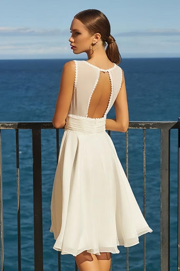 Key Hole Chiffon Knee-Length Little White Dress CW3378 - COCOMELODY