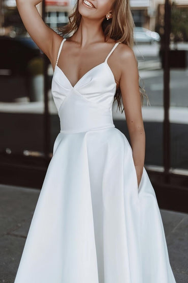 Satin Tea-Length Little White Dress with Pockets CW3379 - COCOMELODY