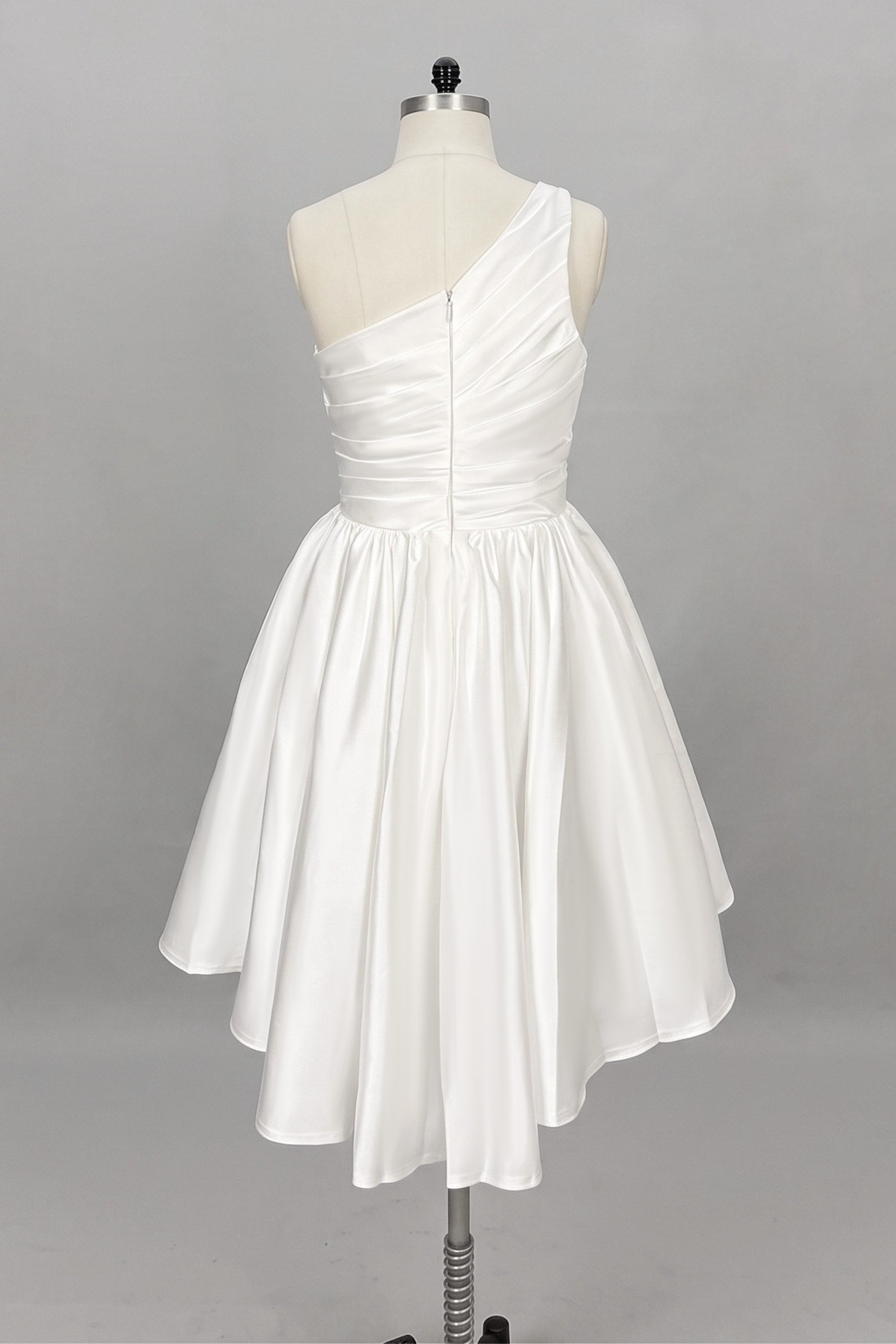 One Shoulder Satin Ruched Knee Length Short Wedding Dress A Line Little White Dress COCOMELODY CW3382, 15 Days / Ivory / US2-UK4-EUR32