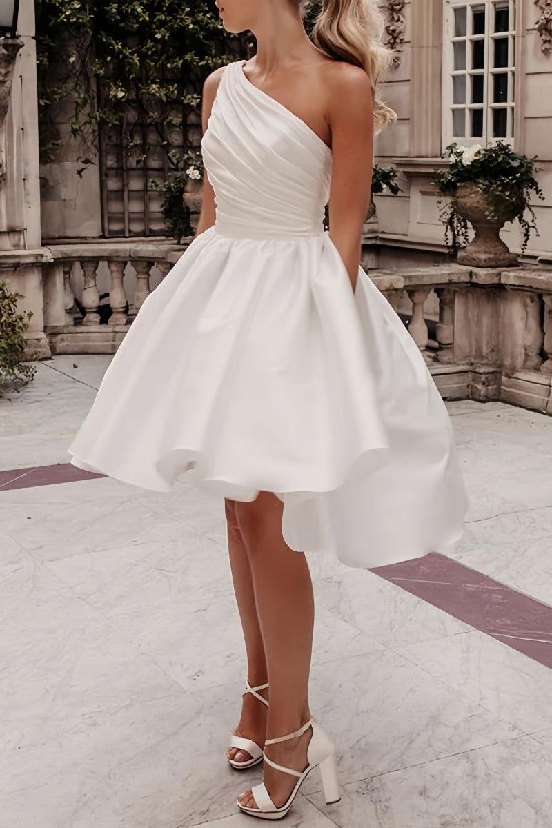 One Shoulder Satin Knee-Length Little White Dress CW3382 - COCOMELODY