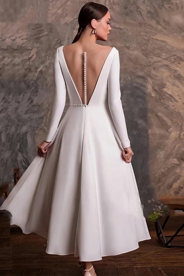 Long Sleeve Beaded Tea-Length Little White Dress CW3383 - COCOMELODY