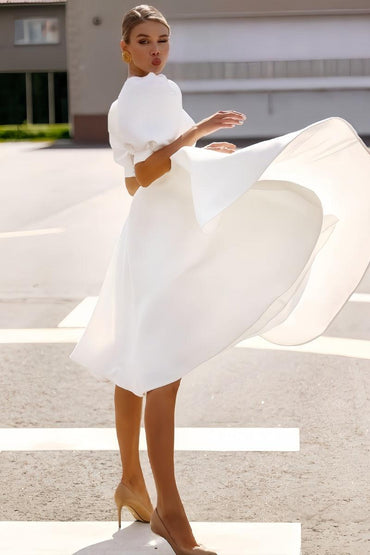 Short Sleeve Satin Tea-Length Little White Dress CW3384 - COCOMELODY