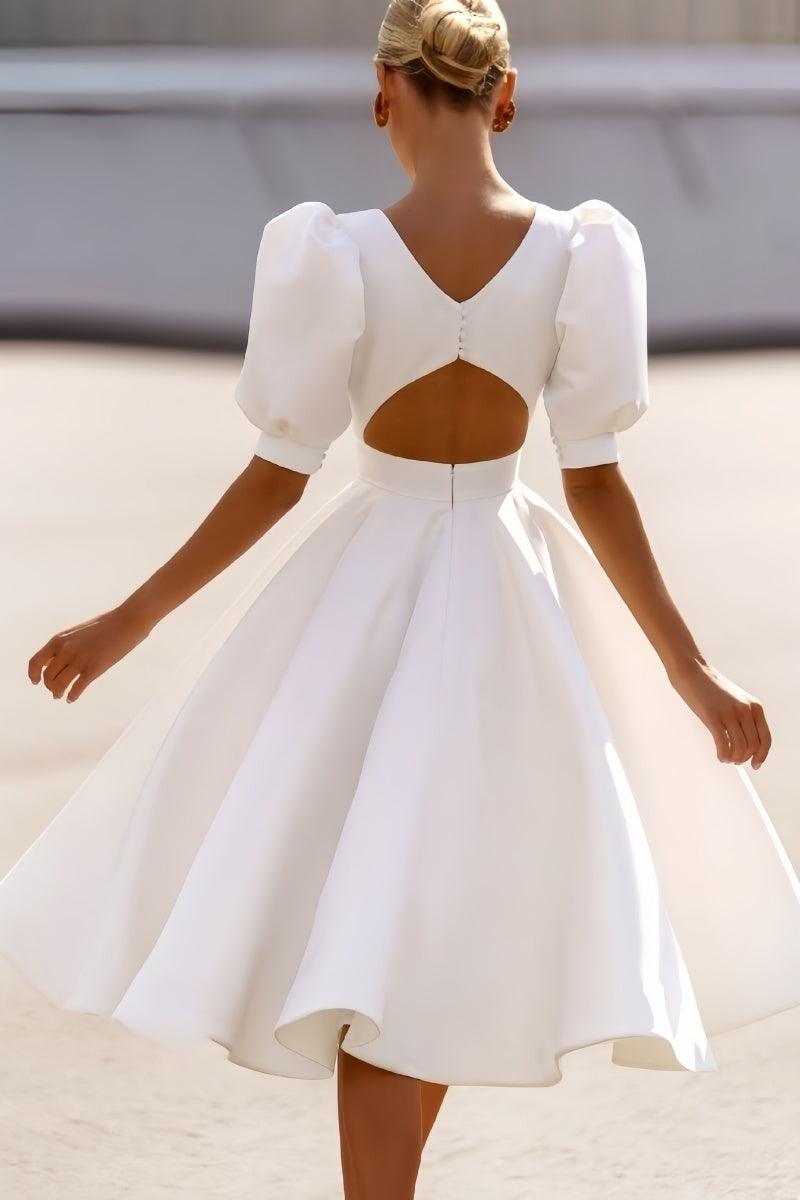 Short Sleeve Satin Tea-Length Little White Dress CW3384 - COCOMELODY