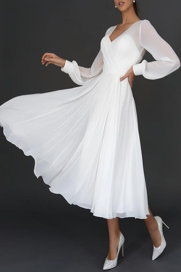 Long Sleeve Chiffon Tea-Length Little White Dress CW3385 - COCOMELODY