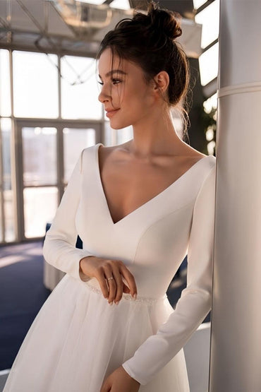 Long Sleeve Beaded Ankle-Length Little White Dress CW3389 - COCOMELODY