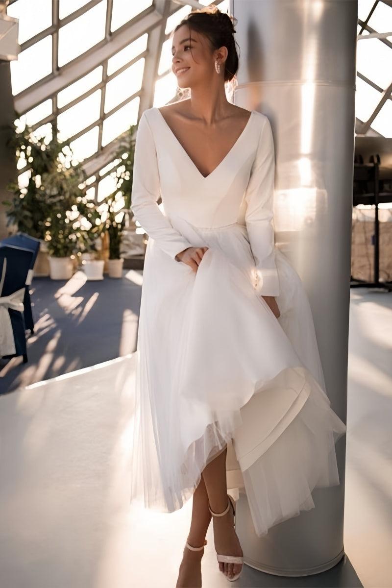 Long Sleeve Beaded Ankle-Length Little White Dress CW3389 - COCOMELODY