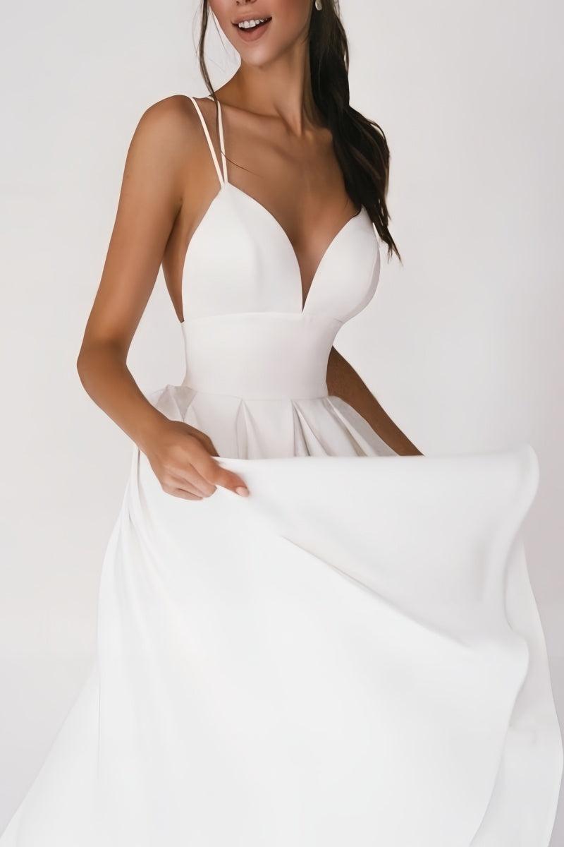 A-Line V-Neck Sleeveless Satin Tea-Length Dress CW3390 - COCOMELODY