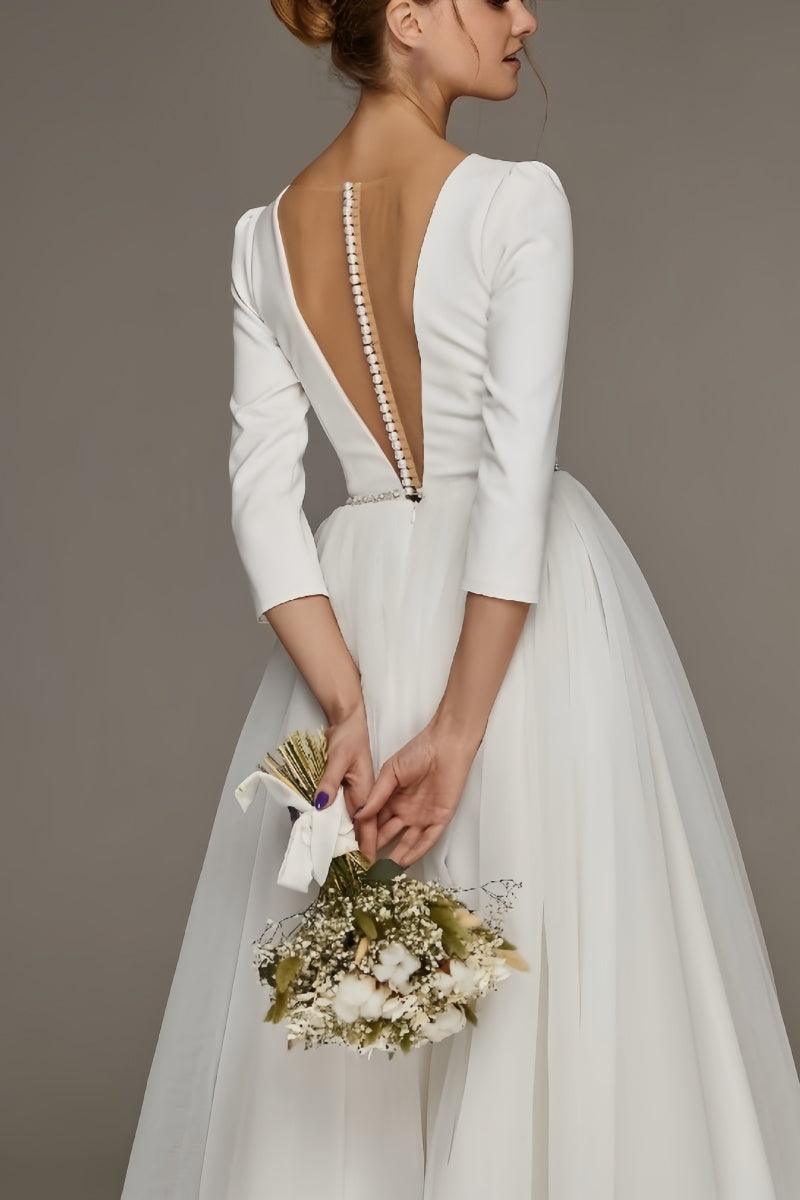 A-Line V-Neck Beaded Satin Tulle Ankle-Length Dress CW3391 - COCOMELODY