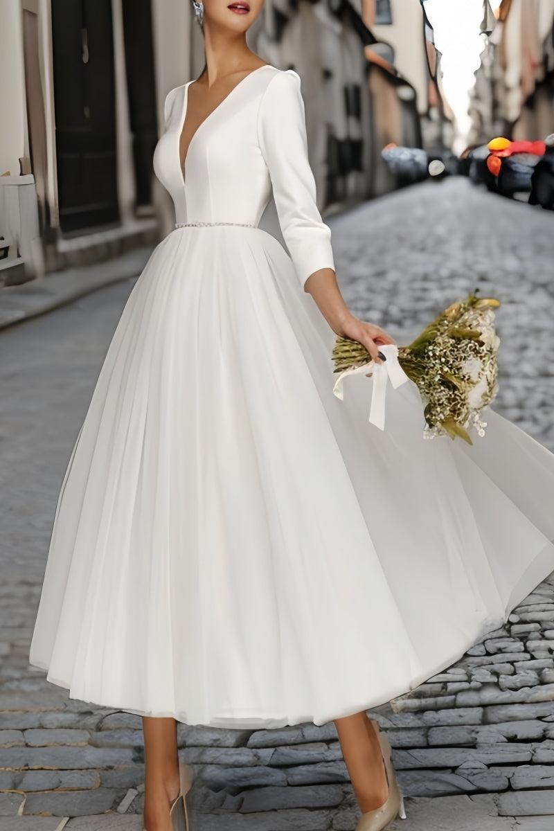 A-Line V-Neck Beaded Satin Tulle Ankle-Length Dress CW3391 - COCOMELODY
