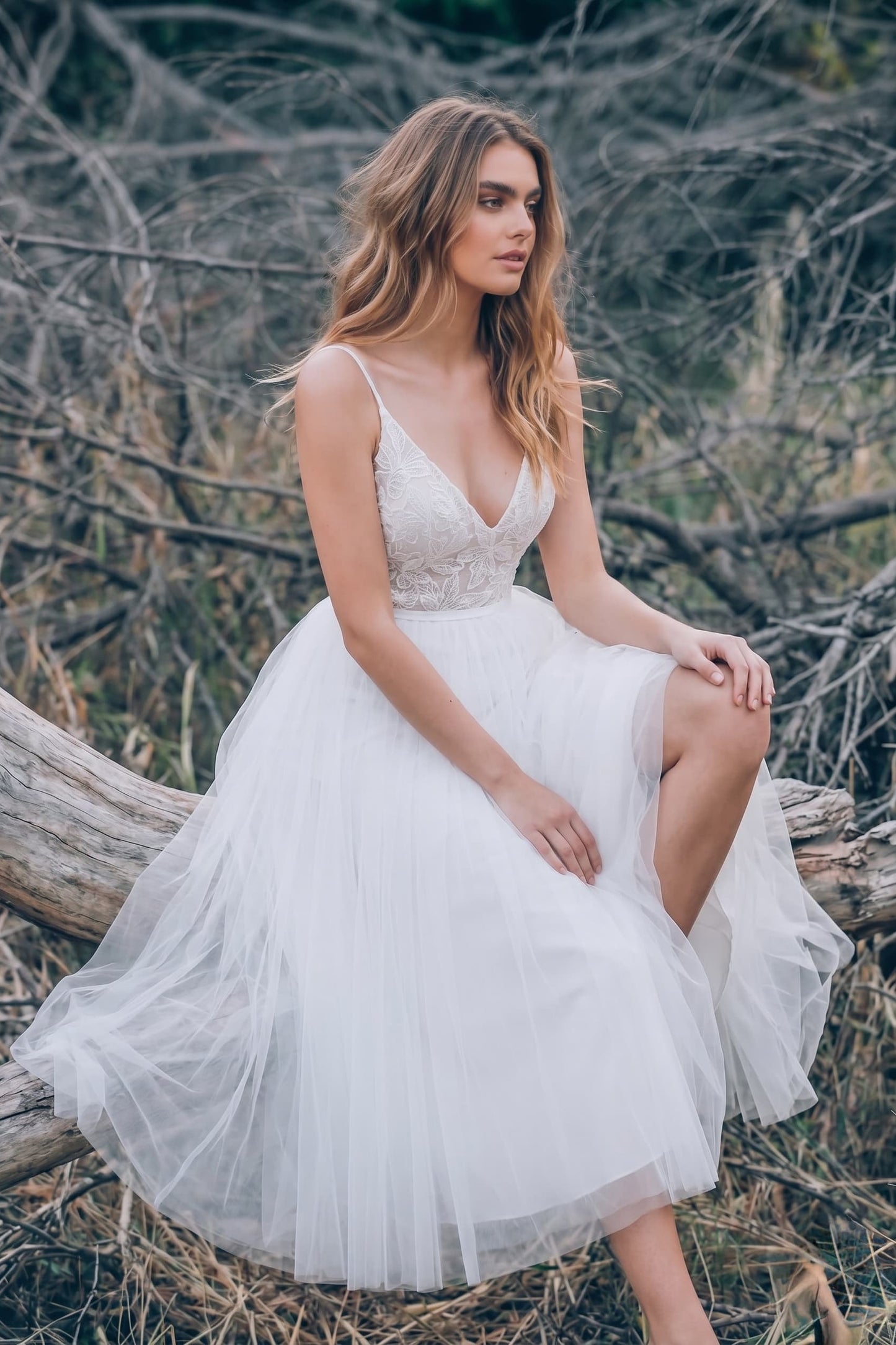 Boho Lace Tea-Length Backless Dress for Reception CW3396