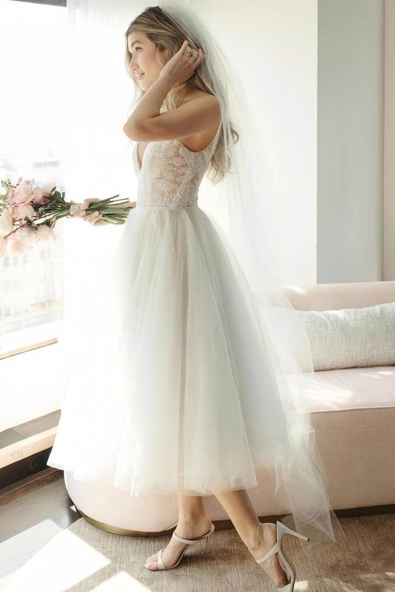 Boho Lace Tea-Length Backless Dress for Reception CW3396CR - COCOMELODY