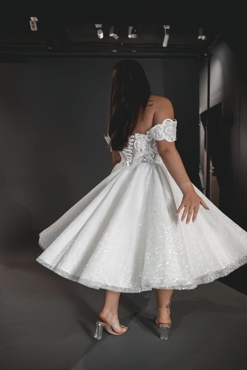 A-Line Off-The-Shoulder Tea-Length Wedding Dress CW3397 - COCOMELODY