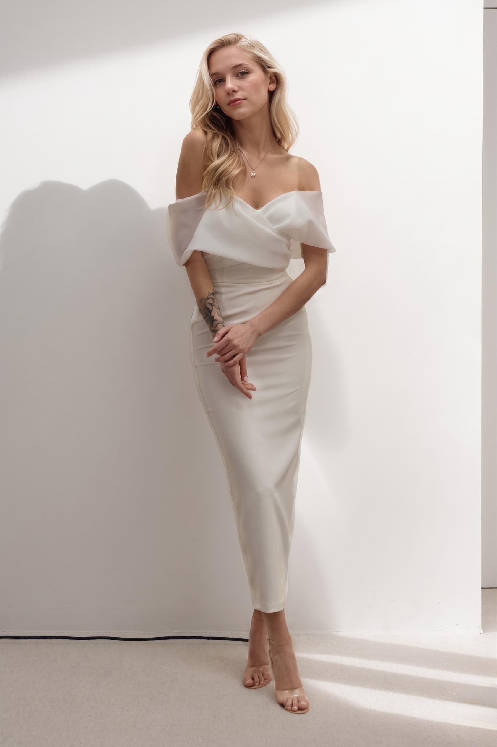 Off Shoulder Tea Length Wedding Dress Sheath Reception Gown