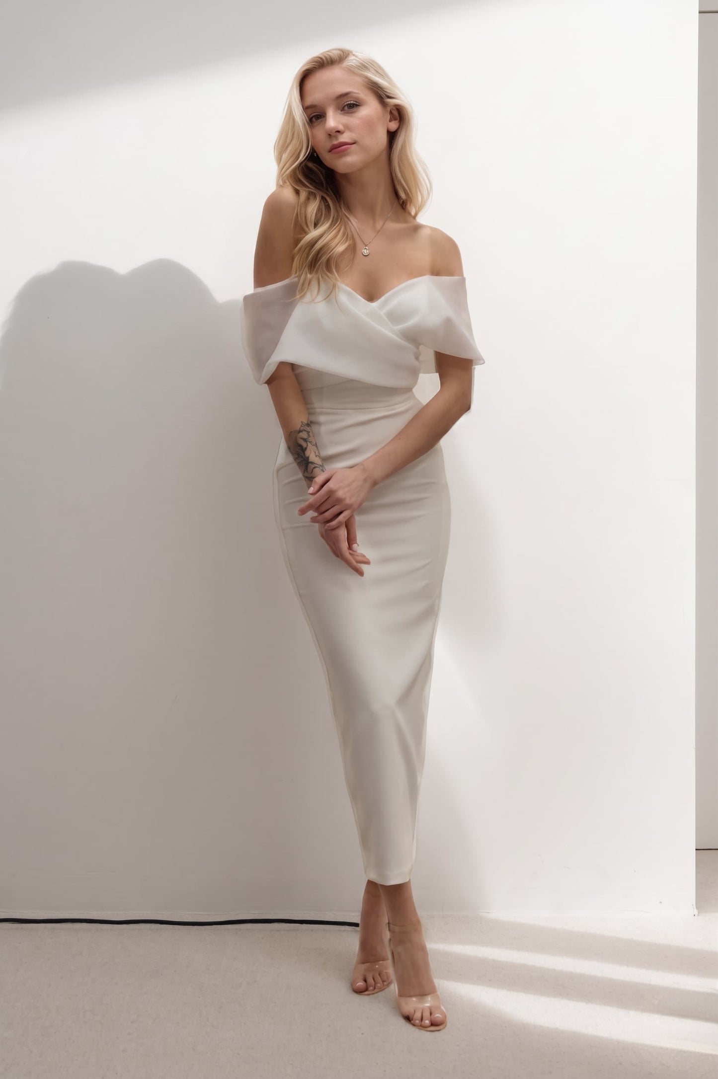 Sheath-Column Tea Length Elastic Cloth Wedding Dress CW3402