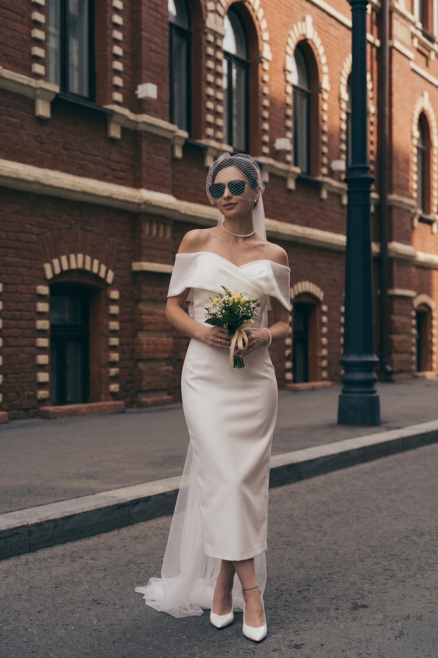Off Shoulder Tea Length Wedding Dress Sheath Reception Gown