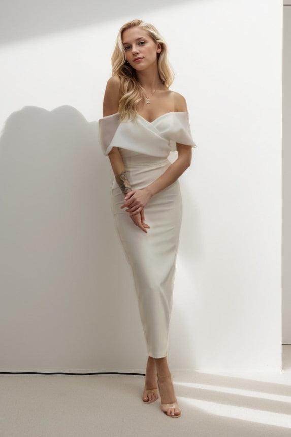 Corseted Off Shoulder Tea Length Gown