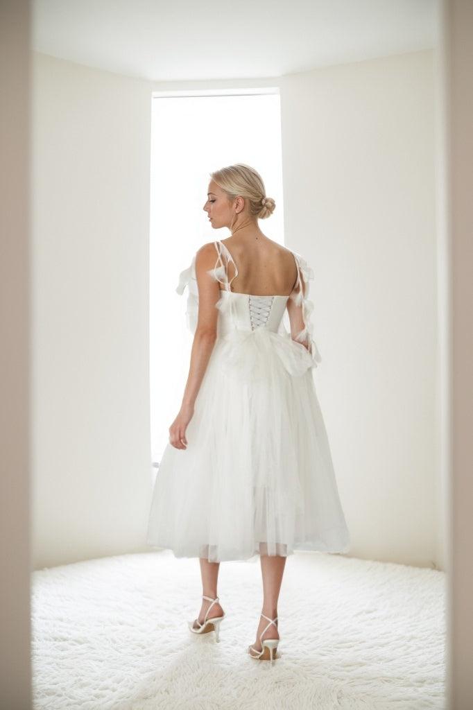 A-Line Tea Length Glitter Tulle Wedding Dress CW3410 - COCOMELODY