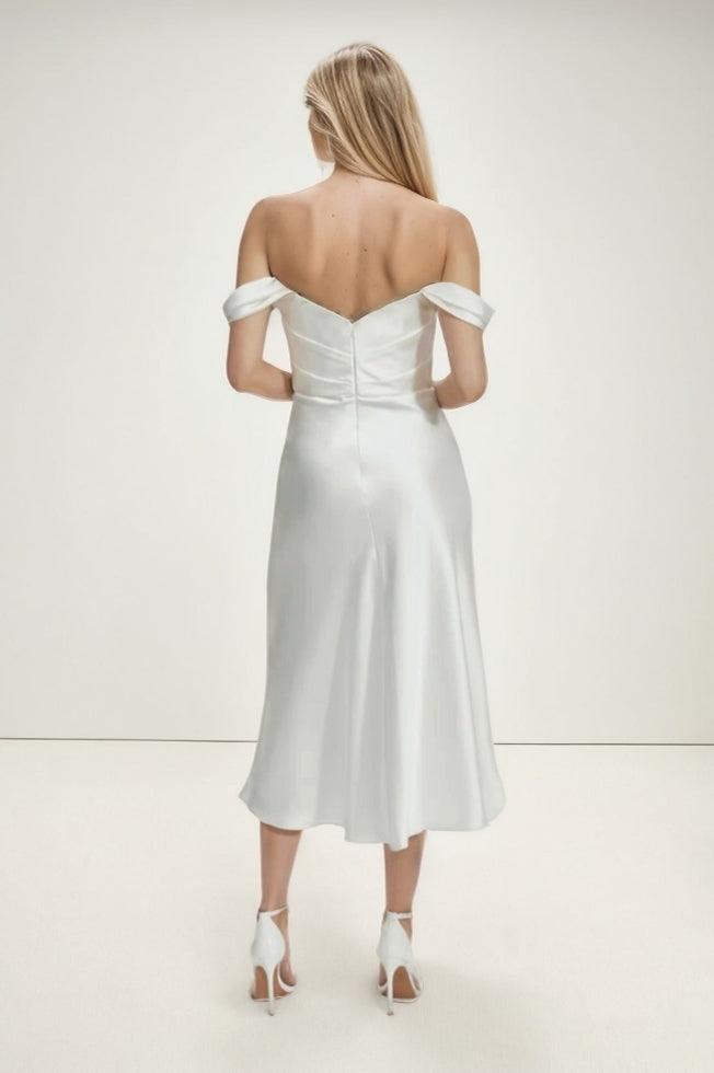 A-Line Tea Length Satin Wedding Dress CW3420 - COCOMELODY