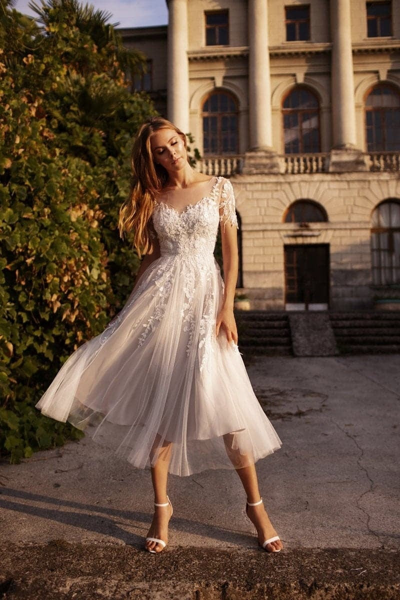 Tea Length Little White Wedding Dress Lace Tulle A-Line Illusion Neck Bridal Shower COCOMELODY CW3427, 20 Days / Ivory / US6-UK8-EUR36
