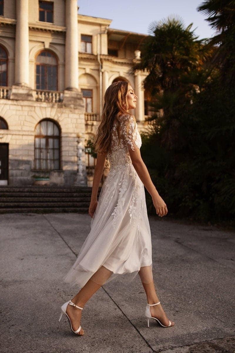 Tea Length Little White Wedding Dress Lace Tulle A-Line Illusion
