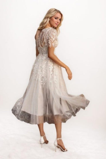 A-Line Tea Length Lace Tulle Wedding Dress CW3427 - COCOMELODY