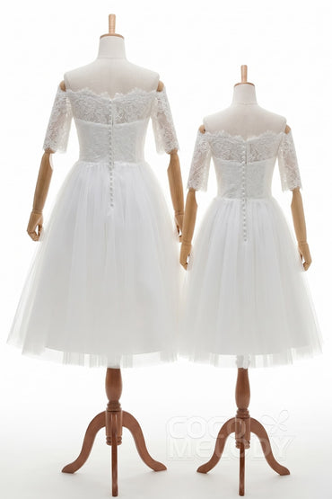 A-Line Tea Length Lace Tulle Wedding Dress CW3428