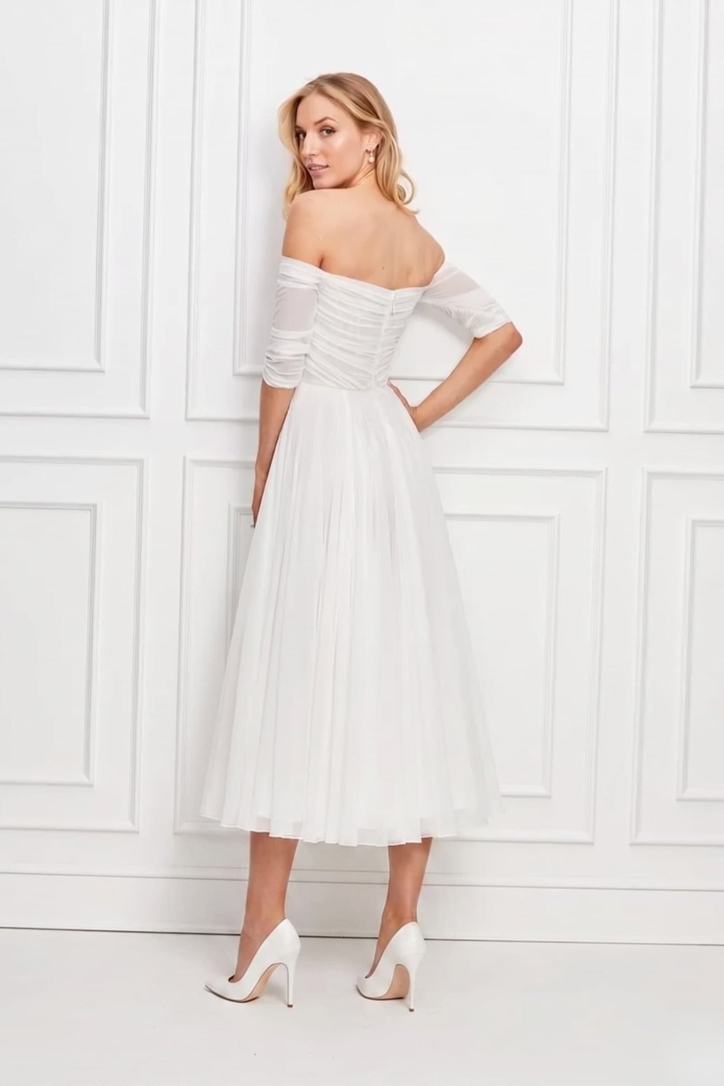 A-Line Tea Length Lace Chiffon Wedding Dress CW3431