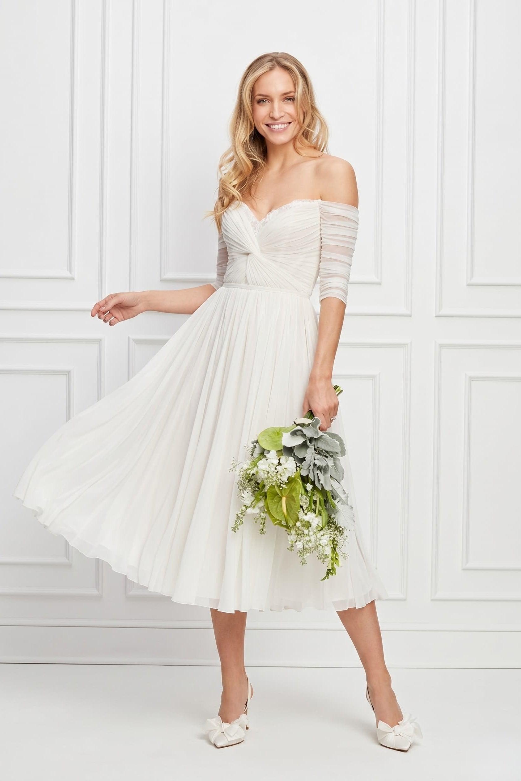 A-Line Lace Chiffon Tea Length Wedding Dress Off the Shoulder