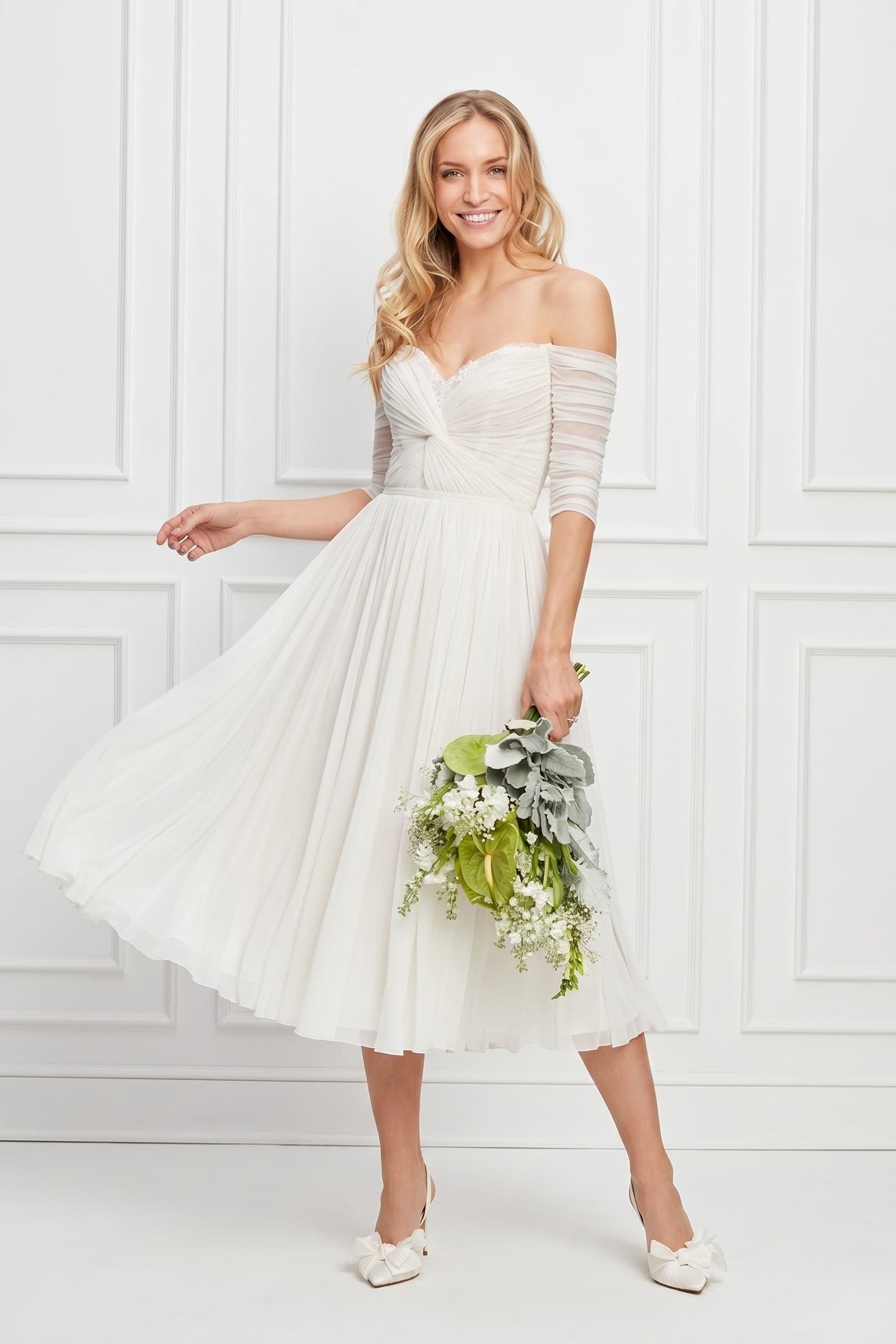 A-Line Tea Length Lace Chiffon Wedding Dress CW3431