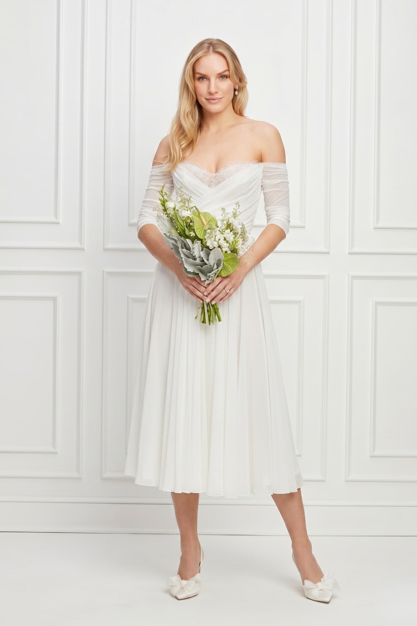 A-Line Lace Chiffon Tea Length Wedding Dress Off the Shoulder