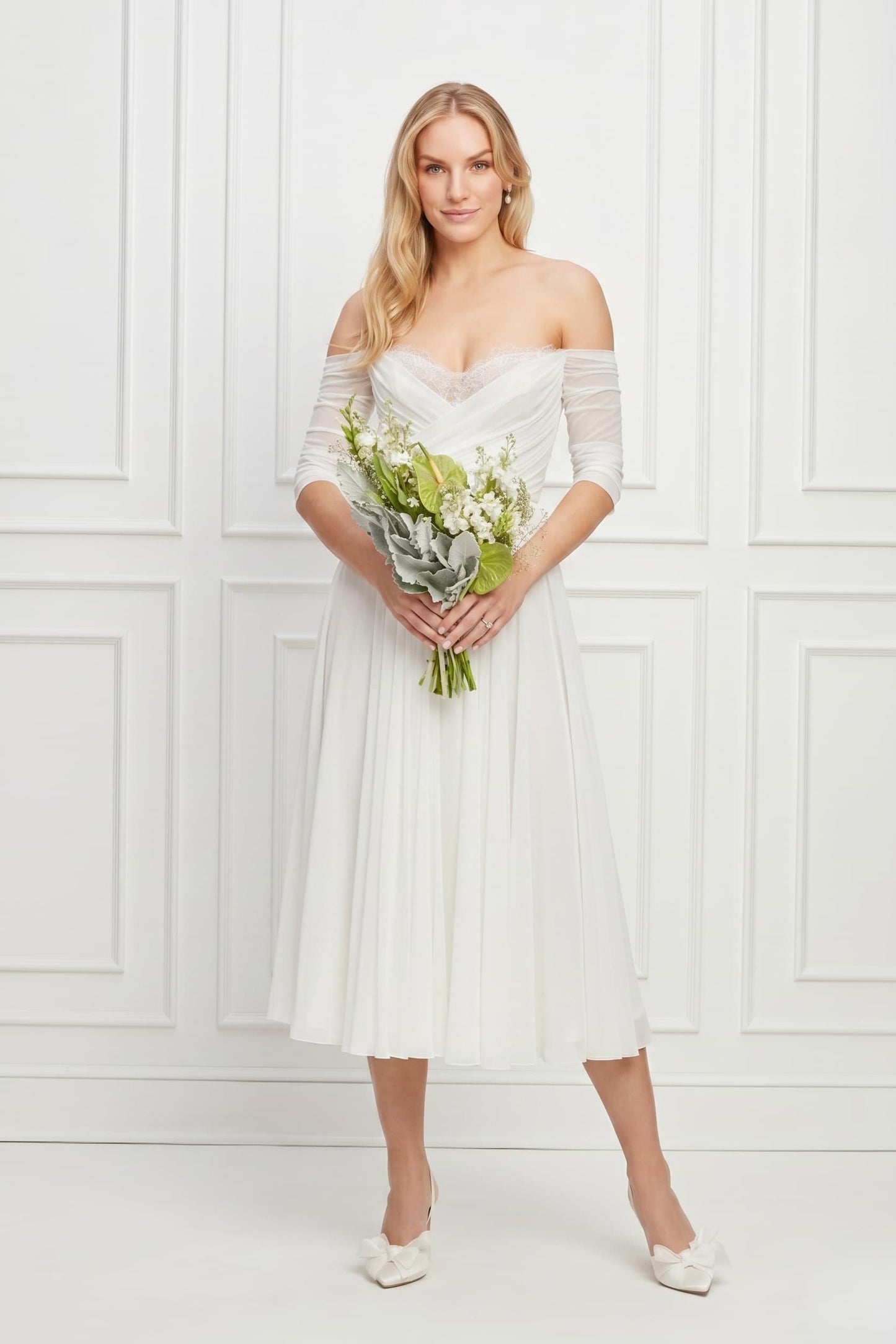 A-Line Tea Length Lace Chiffon Wedding Dress CW3431