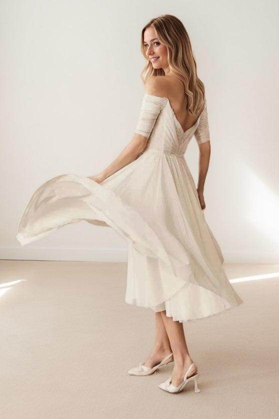 white chiffon high low dress Ulyana Modest V Neck Ruched High Low Chiffon Mother Of The Bride Dresses, Ivory