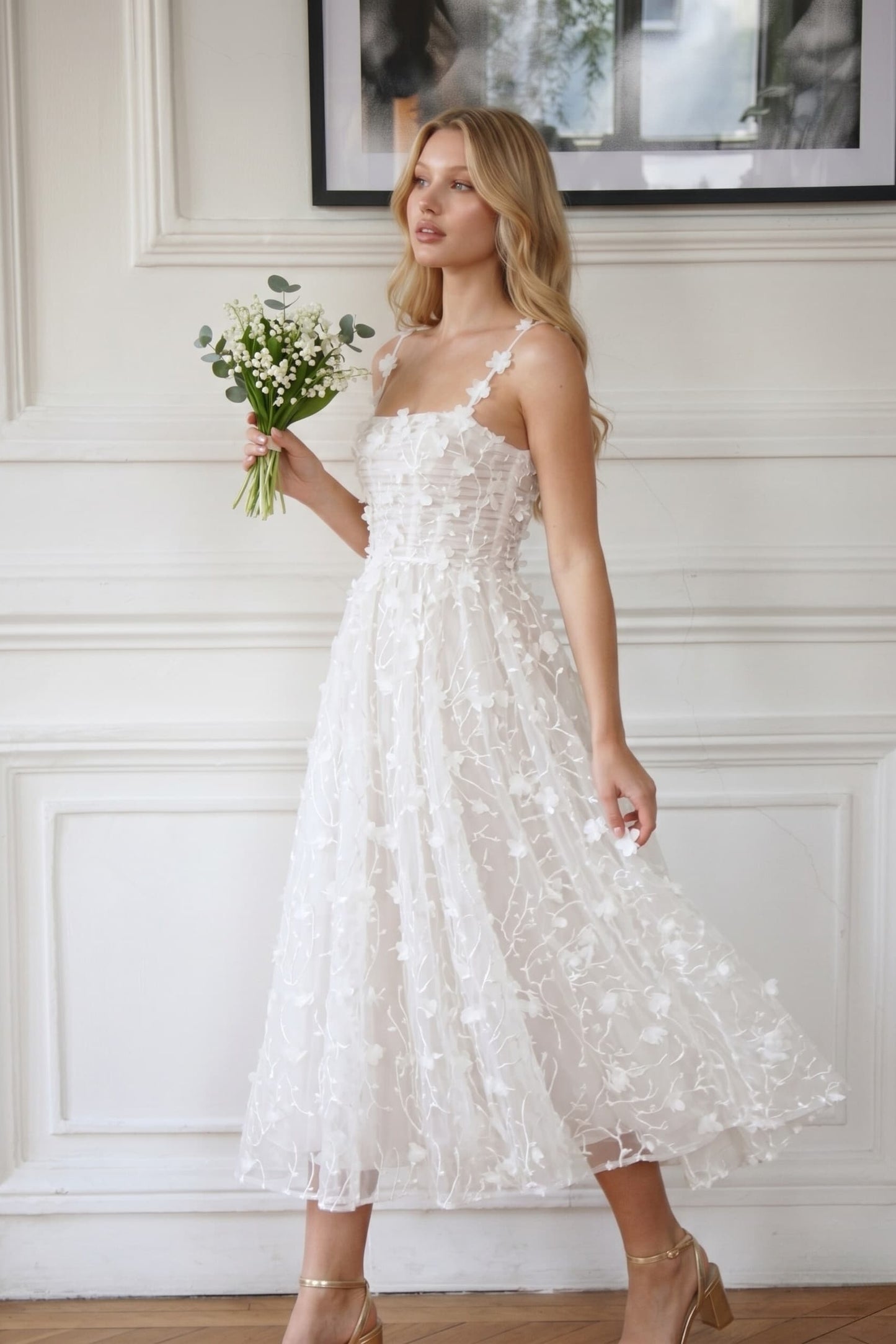 A-Line Tea Length Lace Wedding Dress CW3434