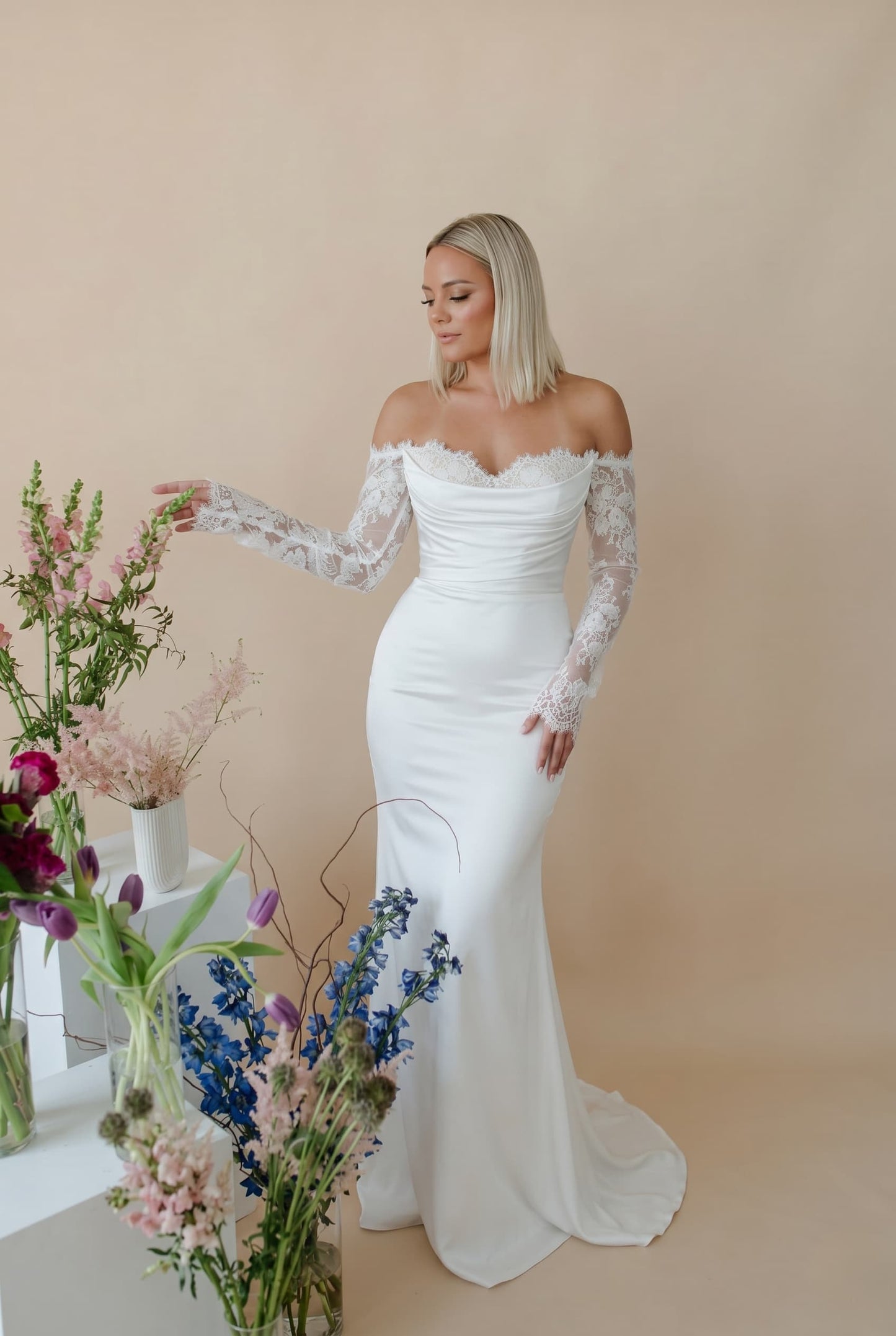 Mermaid Sweep-Brush Train Lace Satin Wedding Dress CW3446