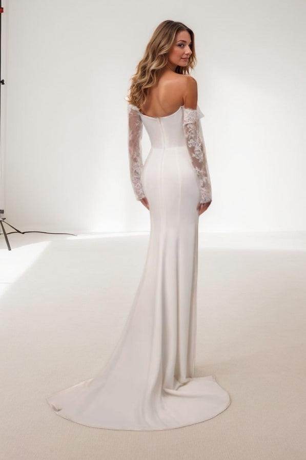 Simple Off The Shoulder Beach Wedding Dress Lace Long Sleeves COCOMELODY CW3455, 20 Days / Ivory / US12-UK14-EUR42 Simple Off The Shoulder Beach Wedding Dress Lace Long Sleeves COCOMELODY CW3455, 20 Days / Ivory / US12-UK14-EUR42