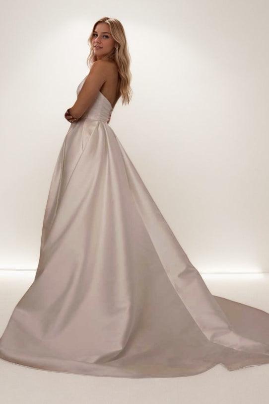 A-Line Sweep-Brush Train Satin Wedding Dress CW3464 - COCOMELODY