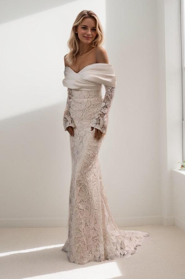 A-Line Sweep-Brush Train Lace Satin Wedding Dress CW3468