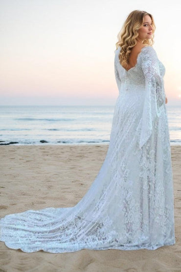 A-Line Sweep-Brush Train Lace Wedding Dress CW3487 - COCOMELODY