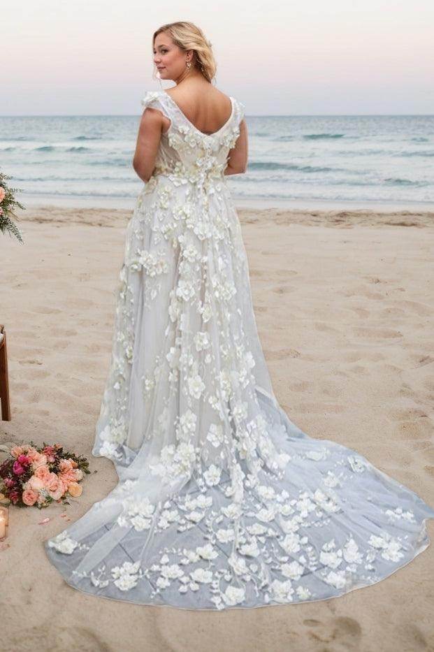 bold lace wedding dress T222057 Beautiful Bold Lace Fit and Flare Gown with Angelic Sleeves and Plunging V Back