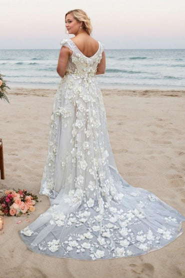A-Line Sweep-Brush Train Lace Tulle Wedding Dress CW3491 - COCOMELODY