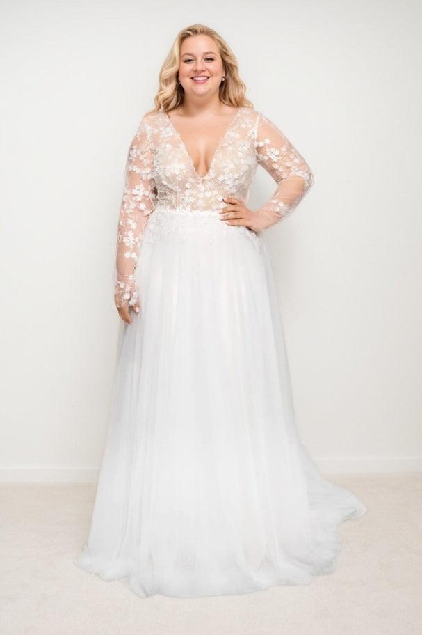 A-Line Sweep-Brush Train Lace Tulle Wedding Dress CW3493 - COCOMELODY